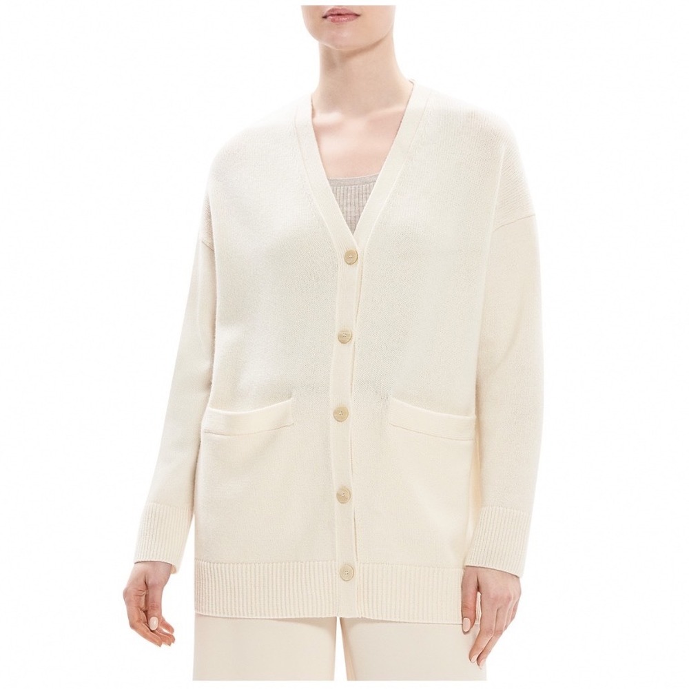 Theory Boxy Elbow Patch Cardigan Ivory Wool Cashmere N0611707 MEDIUM NEW‎